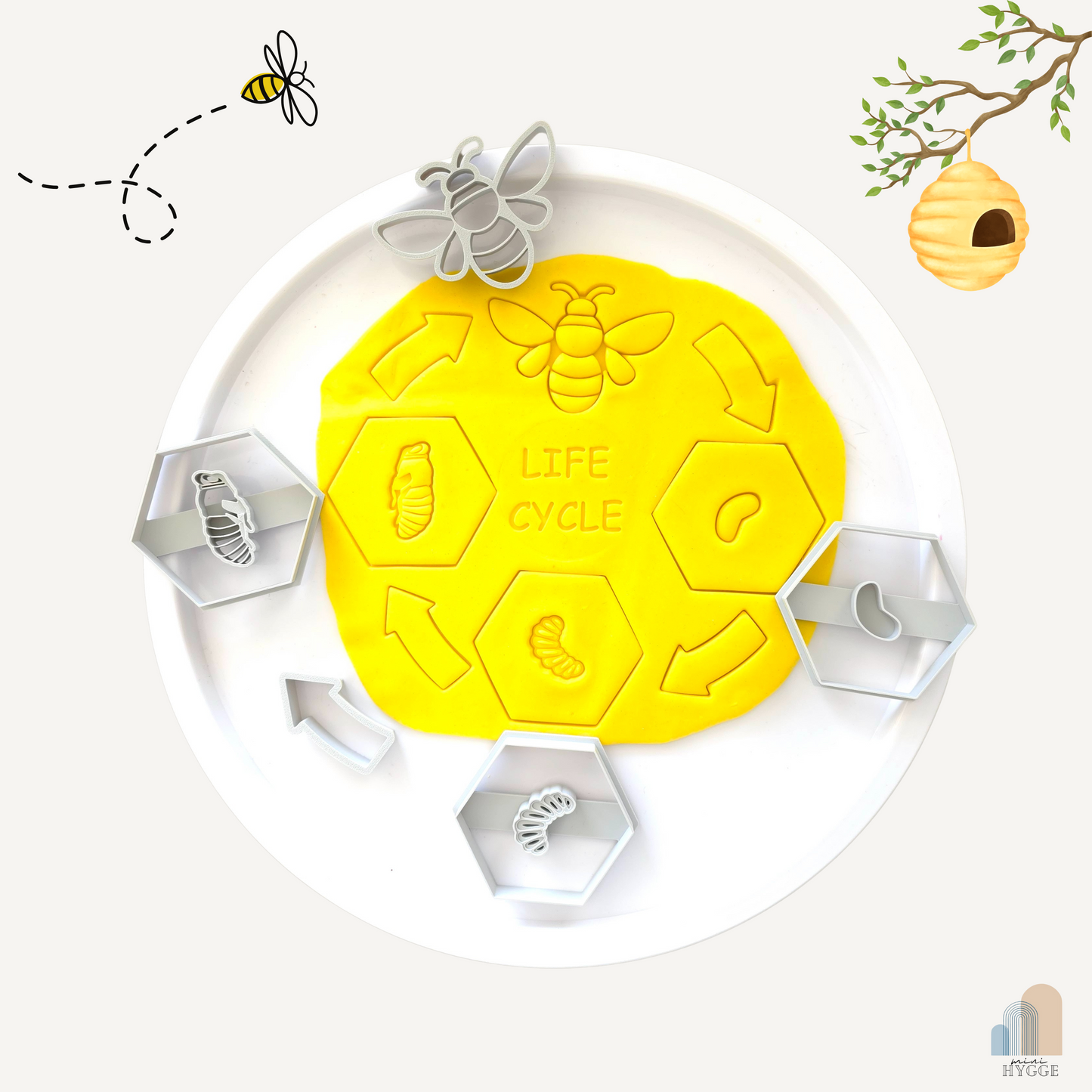 Educatieve 3D-geprinte kleivormpjes in de vorm van de levenscyclus van een bij, gebruikt met gele klei op een wit bord – inclusief ei, larve, pop, volwassen bij en pijlen in honingraatvorm.