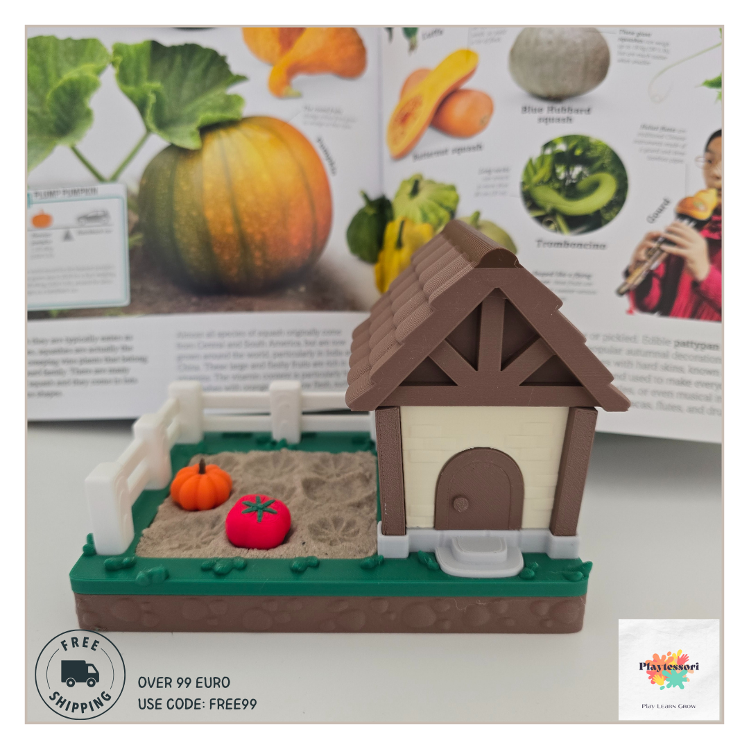 Breng leren en spelen samen met deze schattige Veggie Garden met Huisje. Ideaal voor Montessori-geïnspireerd spel, sensorische activiteiten en fantasierijke verhalen.