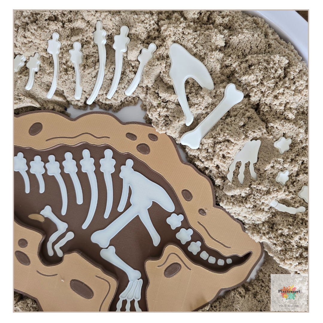 A close-up shot showing separate white dinosaur bone pieces scattered in beige sensory sand next to a brown tray containing a partial T-rex skeleton.