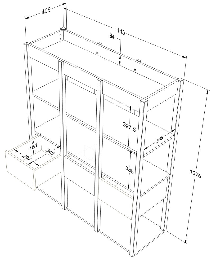 Gedetailleerde technische tekening van de Tweens boekenkast met alle afmetingen in millimeters. De schets toont de planken, lades en de algehele structuur, essentieel voor montage of productdetails.