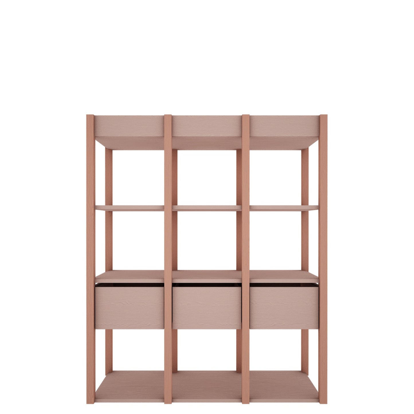 Vooraanzicht van de Tweens boekenkast in een zachte roze tint. De kast heeft drie verticale secties met elk open planken en een lade aan de onderkant, ideaal voor een georganiseerde kinderkamer.