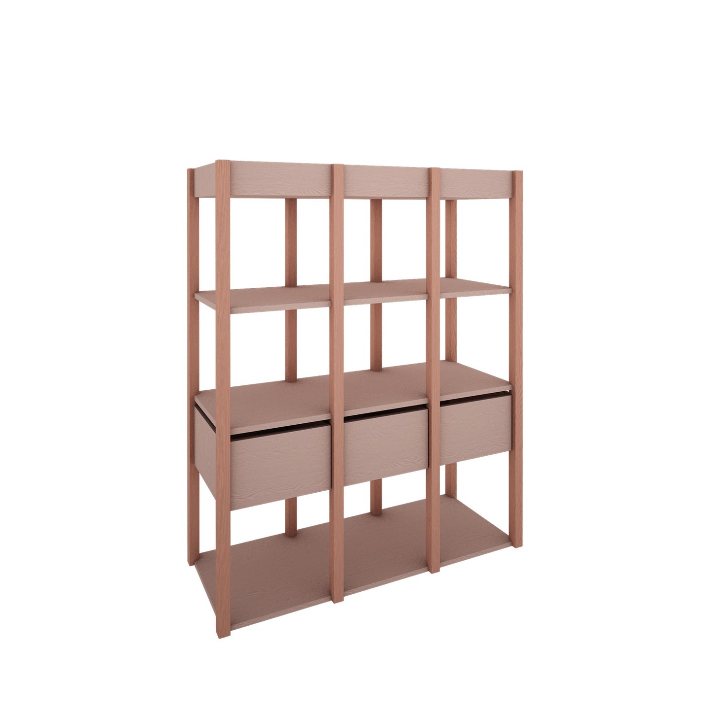 Hoekzicht van de Tweens boekenkast in roze, met zichtbare houten textuur. Deze open kast heeft meerdere planken en drie geïntegreerde lades aan de onderzijde, perfect voor het stijlvol opbergen van boeken en speelgoed.