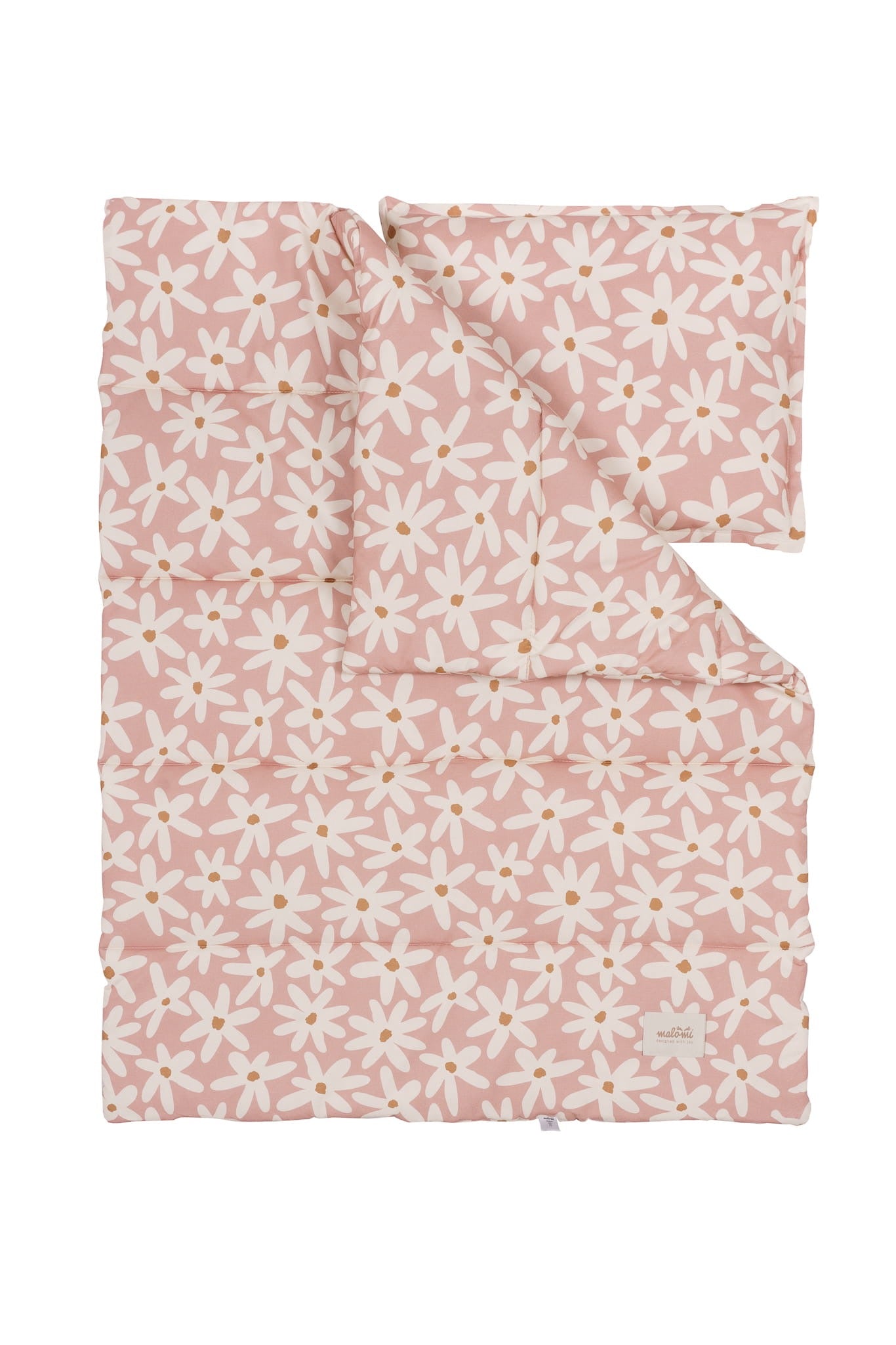 Close-up van rits en stof van het dekbedovertrek in Blush Daisies ontwerp.