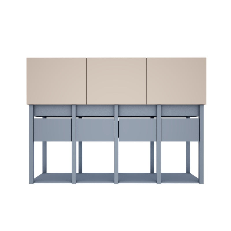 Vooraanzicht van een strakke Tweens commode in zandbeige en grijsblauw. Deze functionele kast heeft drie bovenkasten en vier open vakken met lades voor al je spulletjes.