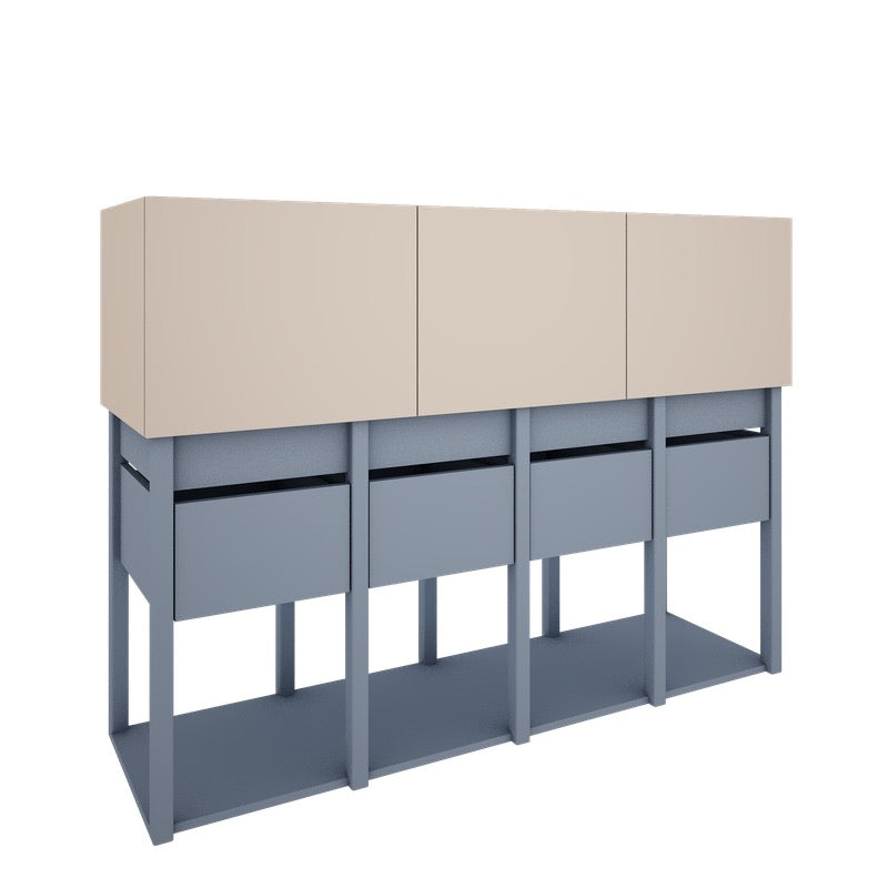 Een strakke 3D-render van de Tweens commode in een unieke kleurencombinatie: zandbeige bovenkasten en koel grijsblauw voor de lades en het frame. Deze moderne kast is een echte blikvanger.