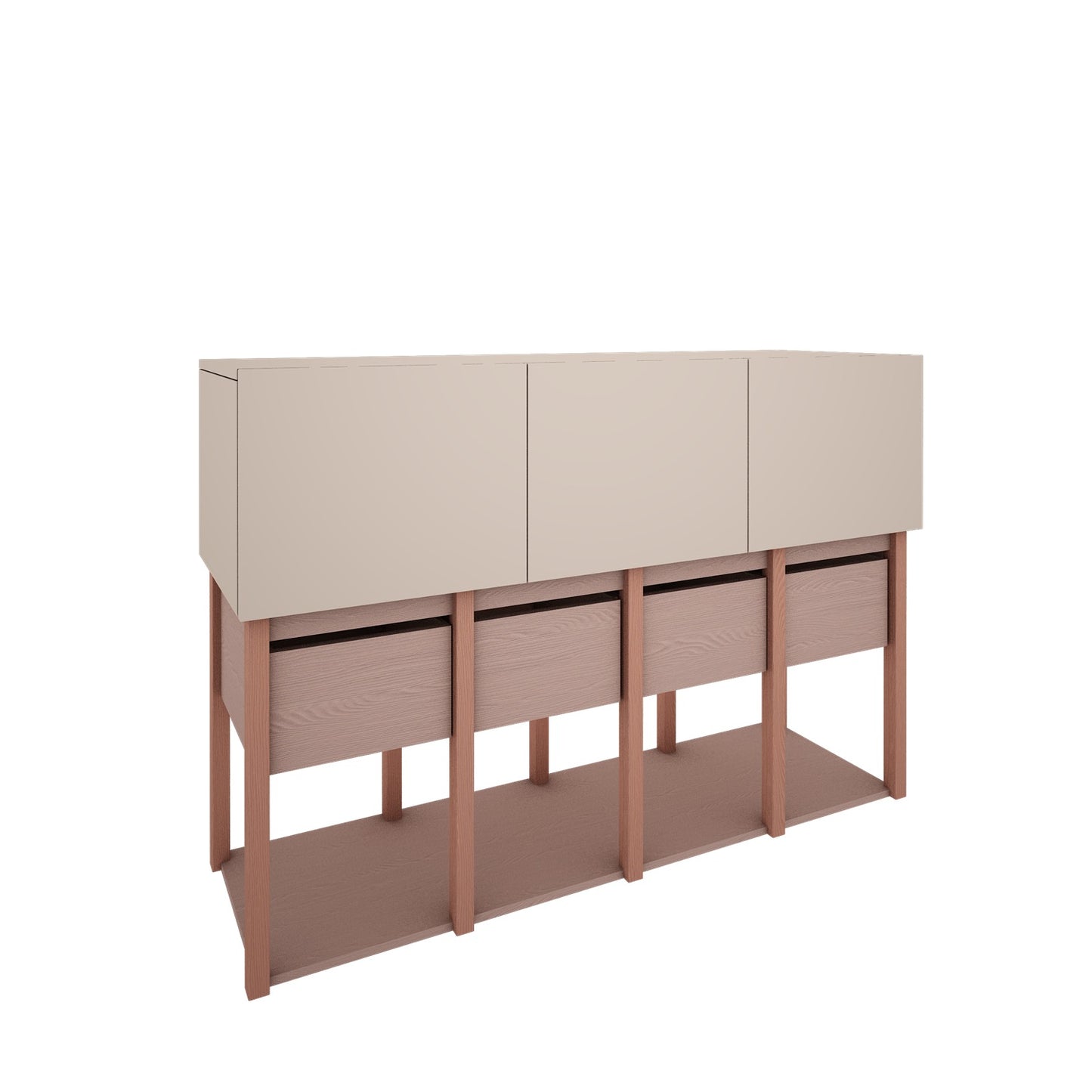 Een stijlvolle 3D-render van de Tweens commode onder een hoek. Deze moderne kast combineert gladde zandbeige bovenkasten met de natuurlijke uitstraling van houten frames en lades. Perfect voor een serene kinder- of tienerkamer.