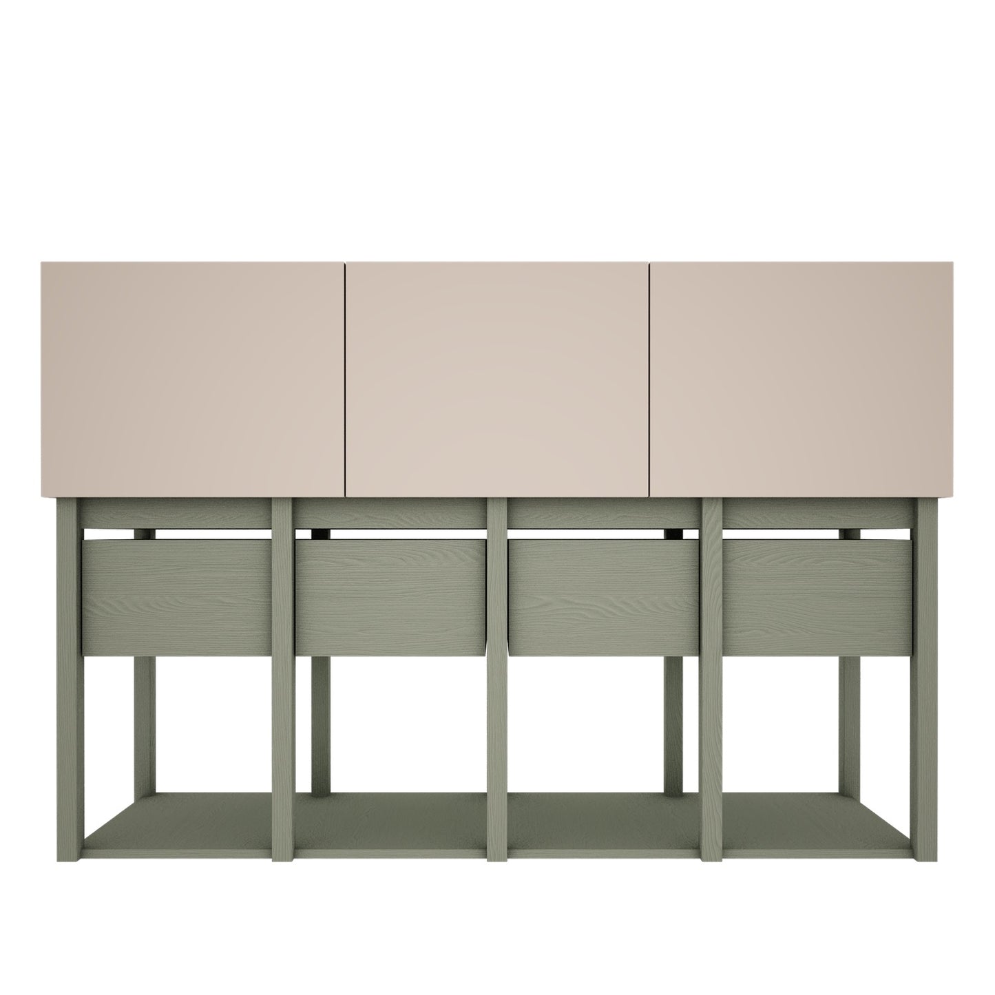 Vooraanzicht van de Tweens commode in een rustgevende kleurencombinatie: zandbeige deuren bovenaan en eucalyptusgroene lades en frame daaronder. Een stijlvolle opbergoplossing voor de kinderkamer.