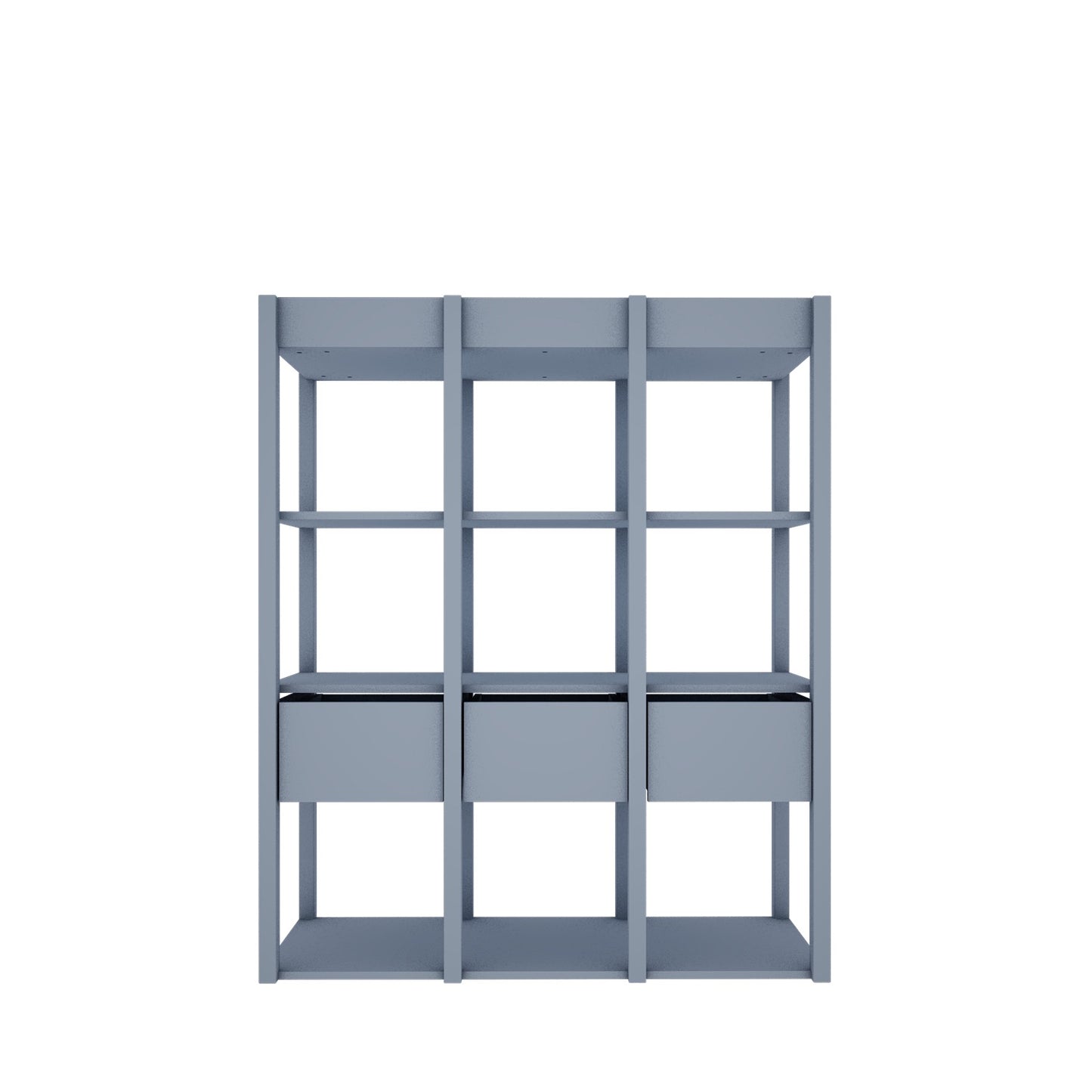 Vooraanzicht van de Tweens boekenkast in effen muted blauw. De kast heeft drie kolommen met elk twee open planken en een lade aan de onderkant, ideaal voor georganiseerde opbergruimte.