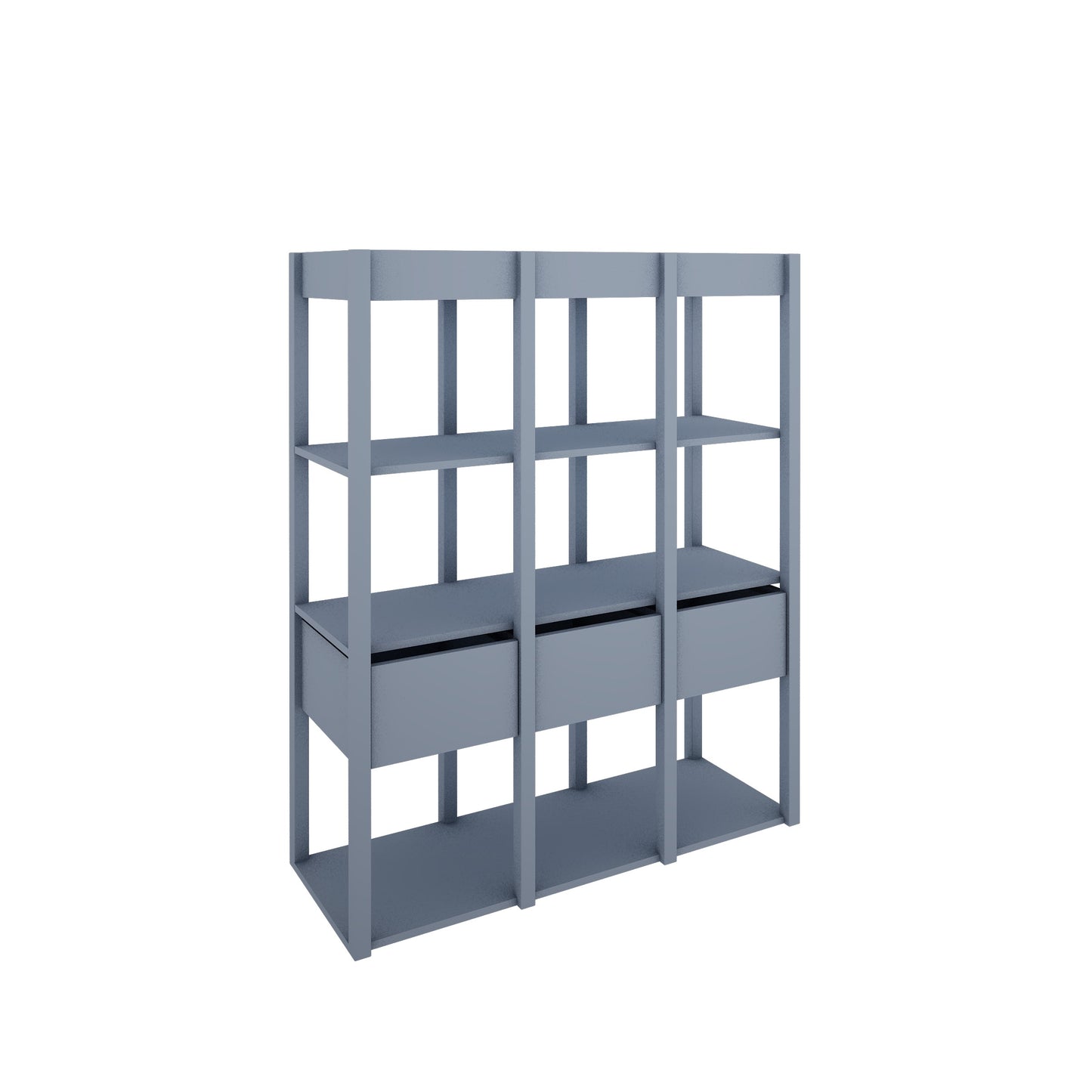 Hoekzicht van de Tweens boekenkast in muted blauw. De kast heeft een open structuur met meerdere planken en drie geïntegreerde lades aan de onderzijde, perfect voor het stijlvol opbergen van spullen.