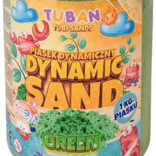 Verpakking van Tuban Dynamic Sand – 1 kg groen zand. De kleurrijke pot toont vrolijke illustraties en benadrukt dat het zand niet uitdroogt of hard wordt.