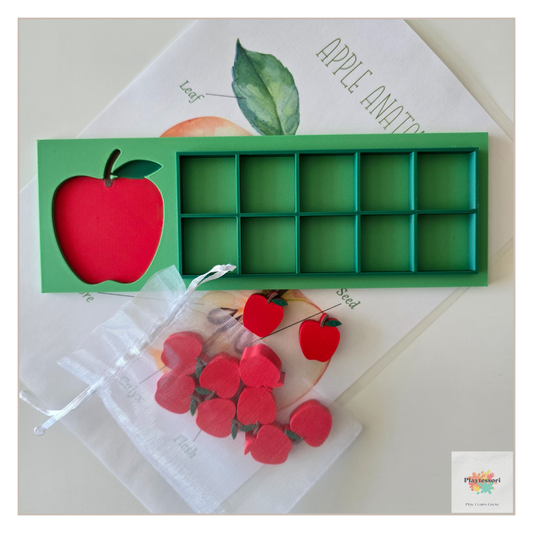 An overhead shot of a green, 3D-printed educational tray with an apple cutout on the left and a 10-frame grid on the right. A mesh bag next to it contains ten small, red apple counters. The tray is placed on a paper sheet with an "Apple Anatomy" diagram.
