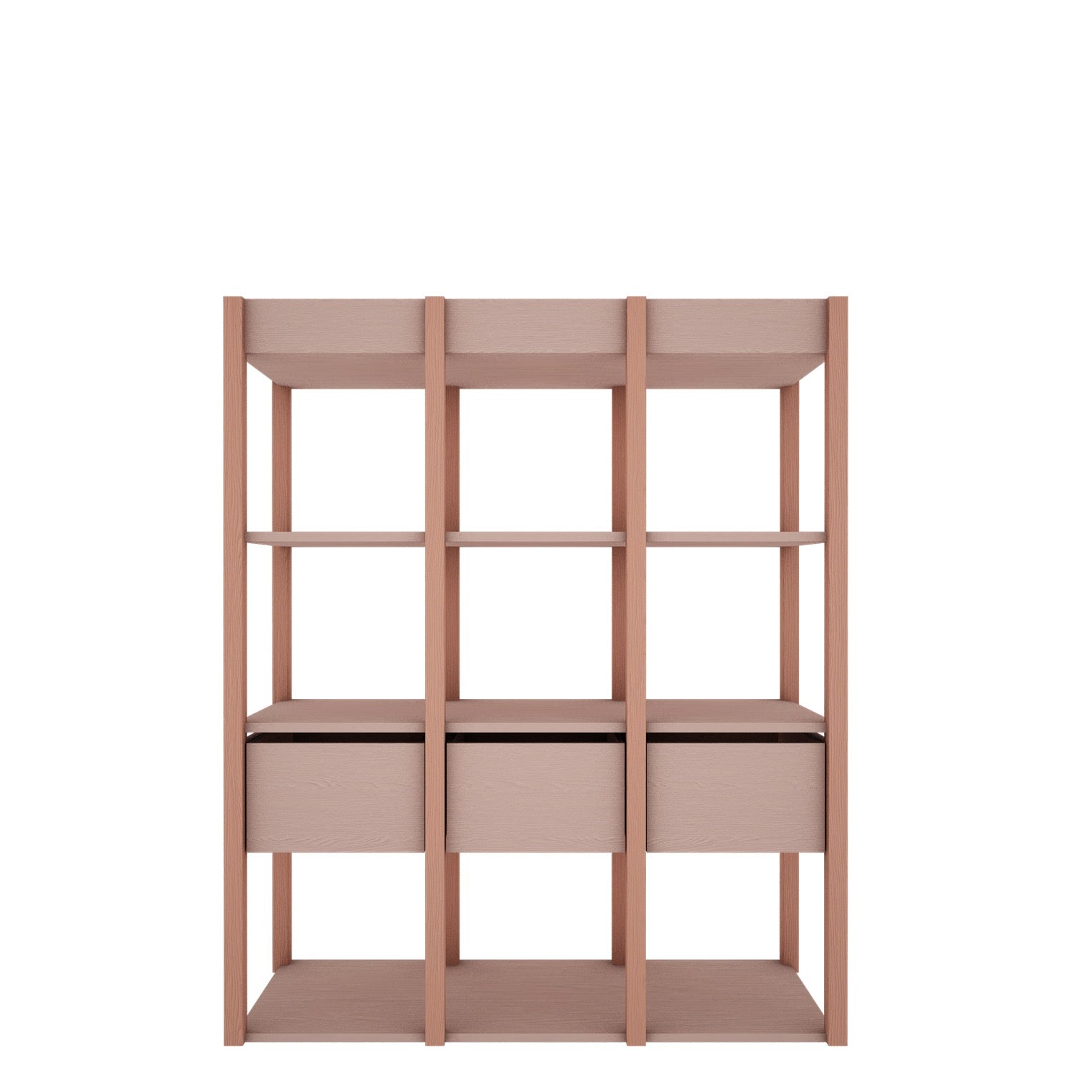 Vooraanzicht van de Tweens boekenkast in een zachte roze tint. De kast heeft drie verticale secties met elk open planken en een lade aan de onderkant, ideaal voor een georganiseerde kinderkamer.