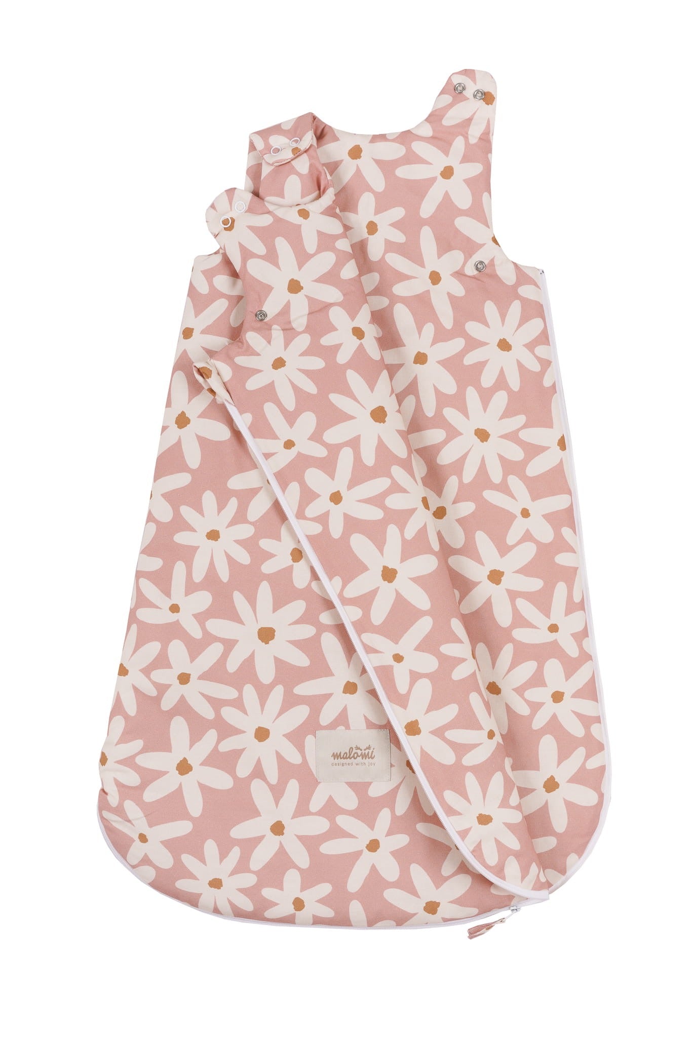 Slaapzak Blush Daisies geopend om de binnenzijde te tonen, met volledige ritssluiting en drukknoopsluitingen op de schouders.