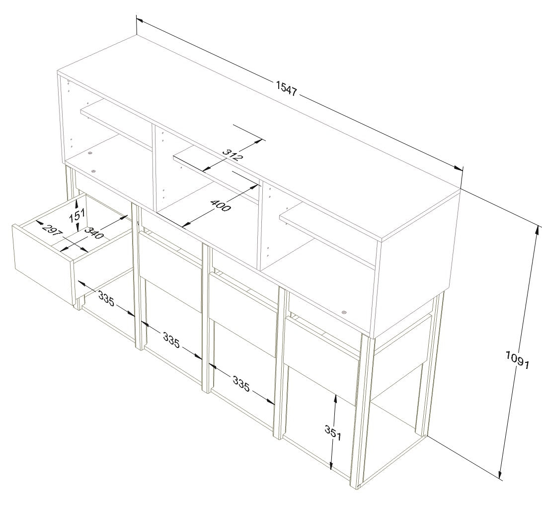Gedetailleerde technische tekening van de Tweens commode met alle afmetingen in millimeters. De schets toont de interne structuur met planken, laden en open vakken. Ideaal voor het plannen van je meubelopstelling.