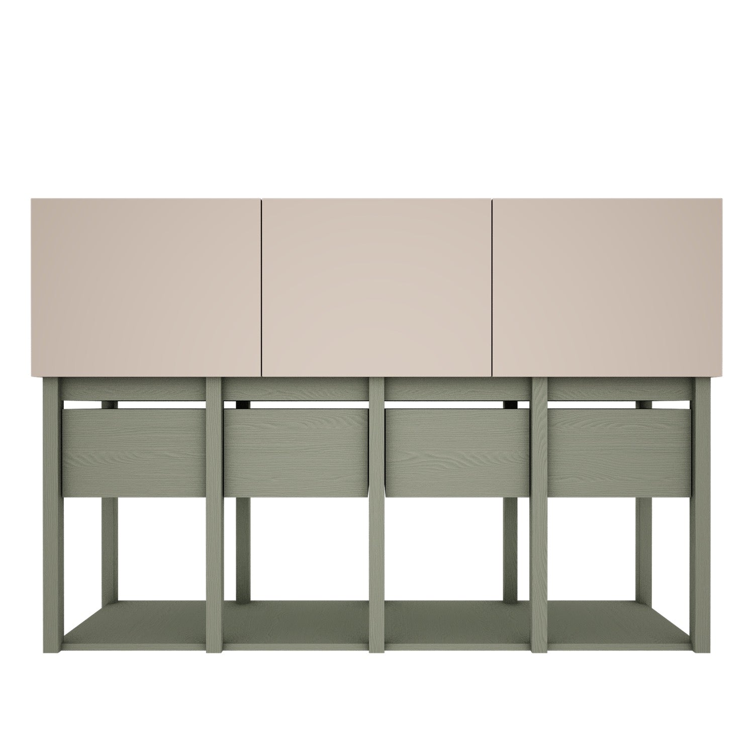 Vooraanzicht van de Tweens commode in een rustgevende kleurencombinatie: zandbeige deuren bovenaan en eucalyptusgroene lades en frame daaronder. Een stijlvolle opbergoplossing voor de kinderkamer.
