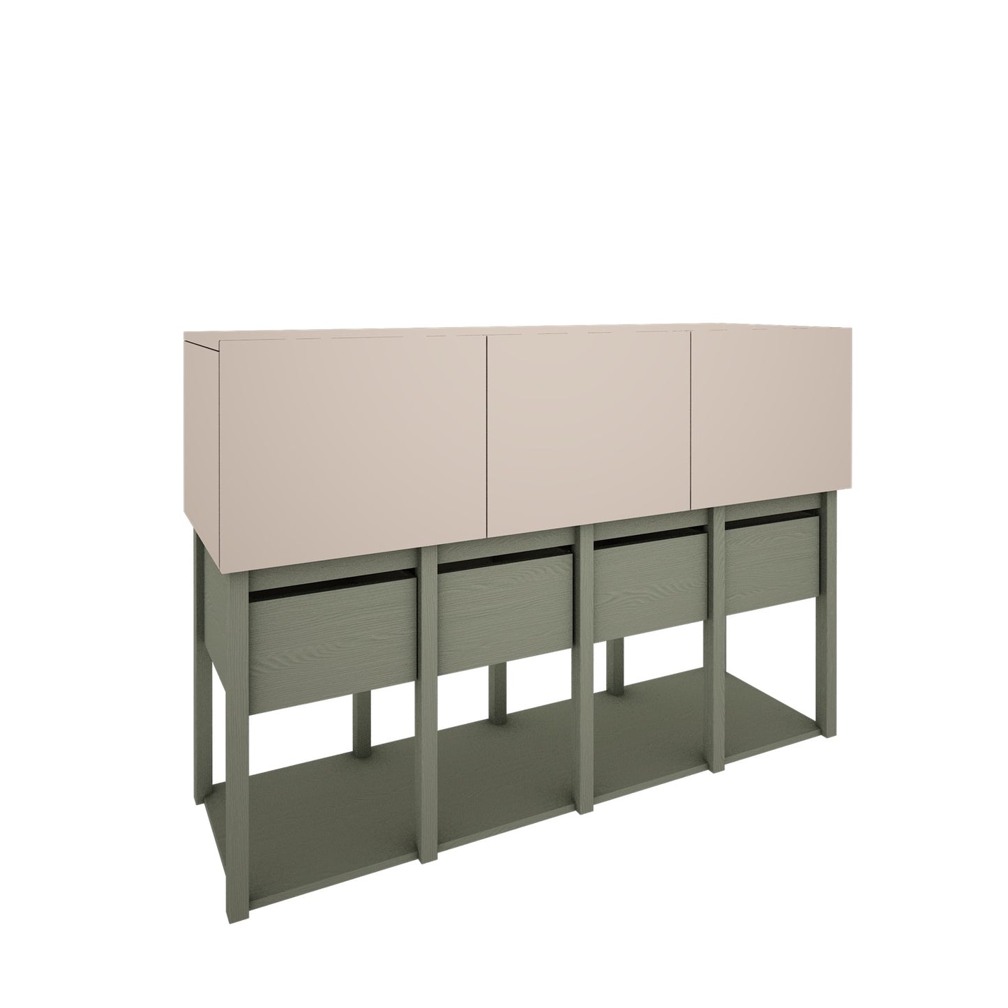 Een strakke 3D-render van de Tweens commode onder een lichte hoek. De commode combineert zandbeige opbergvakken met eucalyptusgroene lades en een stevig frame, passend bij een serene interieurstijl.