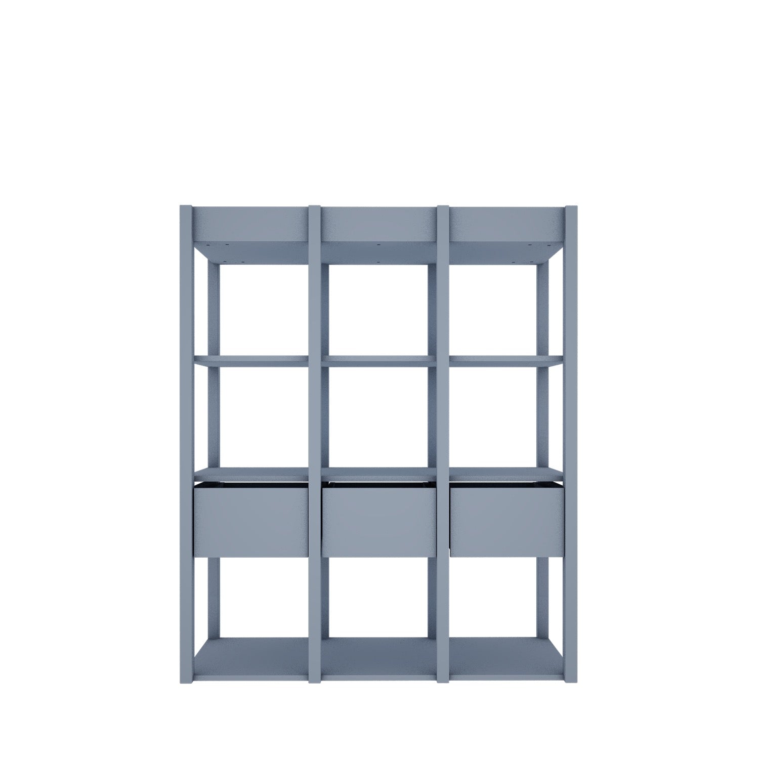 Vooraanzicht van de Tweens boekenkast in effen muted blauw. De kast heeft drie kolommen met elk twee open planken en een lade aan de onderkant, ideaal voor georganiseerde opbergruimte.