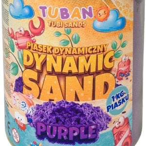 Verpakking van Tuban Dynamic Sand – 1 kg paars zand. De kleurrijke pot toont speelse illustraties en benadrukt dat het zand niet uitdroogt of hard wordt