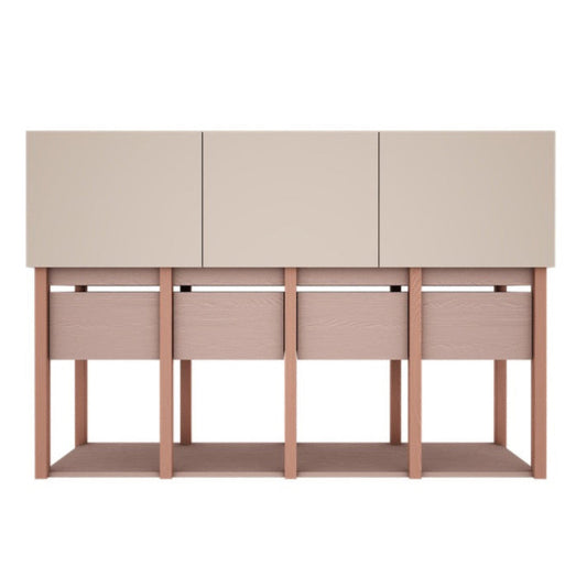 Vooraanzicht van de strakke Tweens commode in een elegante zandbeige kleur met houten details en lades met subtiele houtnerf. Een perfecte combinatie van modern design en natuurlijke warmte.