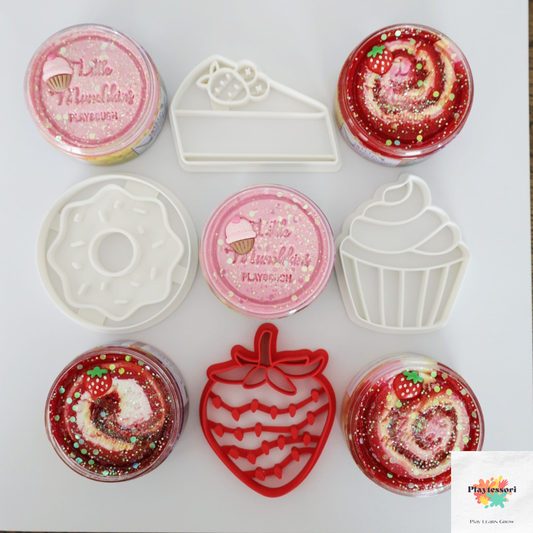 Aardbei- en cupcakegeurende speelklei met 4 uitstekers: aardbei, cupcake, donut en stuk taart – creatieve speelset voor kinderen